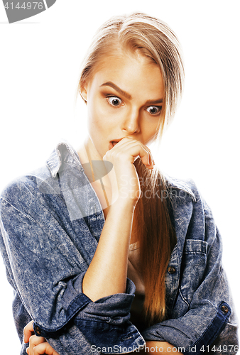 Image of young blond woman on white backgroung gesture thumbs up, isolate