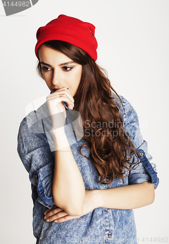 Image of young cheerful brunette teenage girl on white background