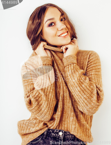 Image of young pretty stylish hipster girl posing emotional isolated on white background happy smiling cool smile, lifestyle people concept