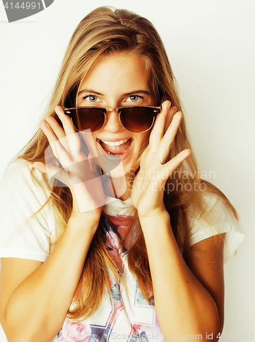 Image of pretty young woman wearing sunglasses and summer hat, fashion pe