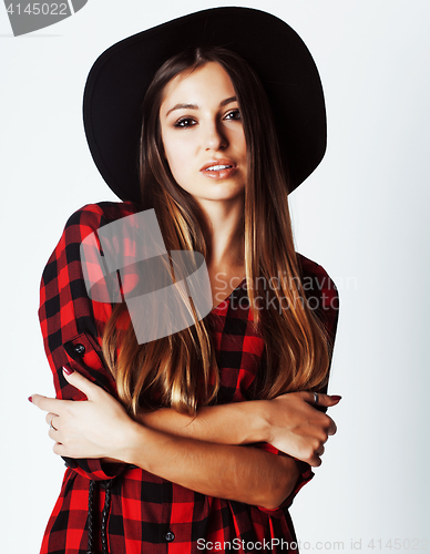 Image of young pretty brunette girl hipster in hat on white background ca