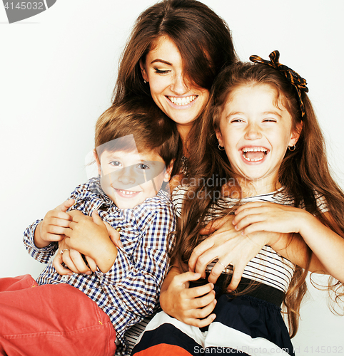 Image of young mother with two children on white, happy smiling family in