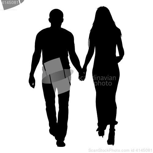 Image of Silhouette man and woman walking hand in hand. illustration