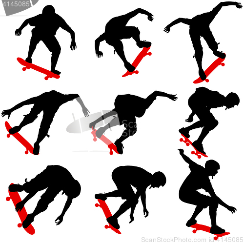 Image of Set ilhouettes a skateboarder performs jumping. illustration