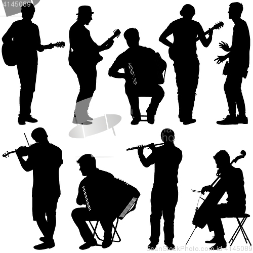 Image of Silhouettes street musicians playing instruments. illustration