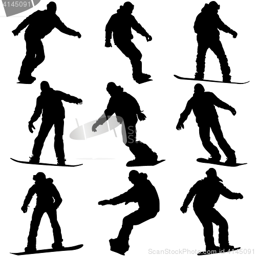 Image of Set black silhouettes snowboarders on white background.