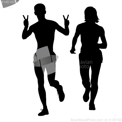 Image of Set of silhouettes. Runners on sprint men and woman. illustration