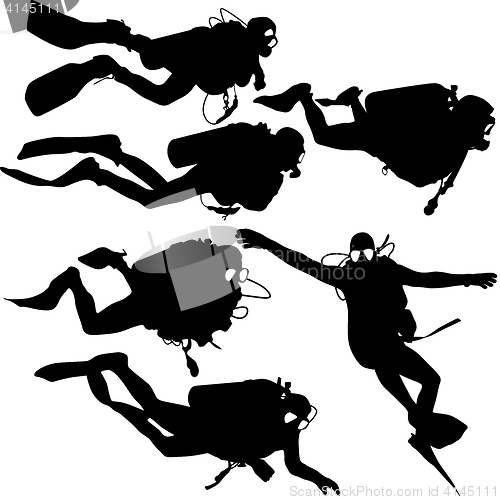 Image of Set black silhouette scuba divers. illustration.