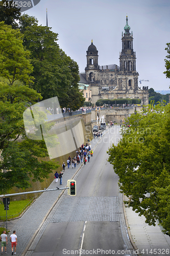 Image of DRESDEN, GERMANY – AUGUST 13, 2016: Tourists walk and majestic