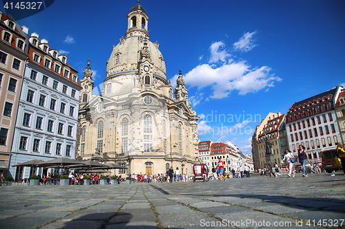 Image of DRESDEN, GERMANY – AUGUST 13, 2016: People walk on Neumarkt Sq