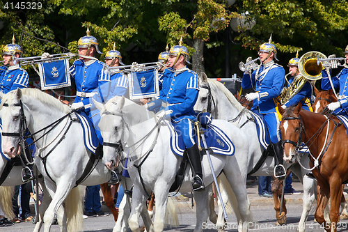 Image of STOCKHOLM, SWEDEN - AUGUST 20, 2016: Swedish Royal Guards on hor