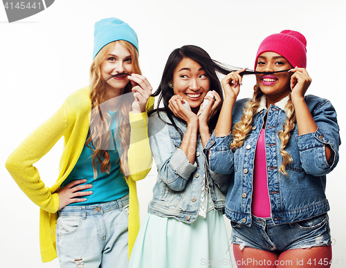 Image of diverse nation girls group, teenage friends company cheerful having fun, happy smiling, cute posing isolated on white background, lifestyle people concept