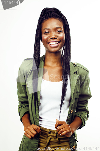 Image of young pretty african-american girl posing cheerful emotional on white background isolated, lifestyle people concept