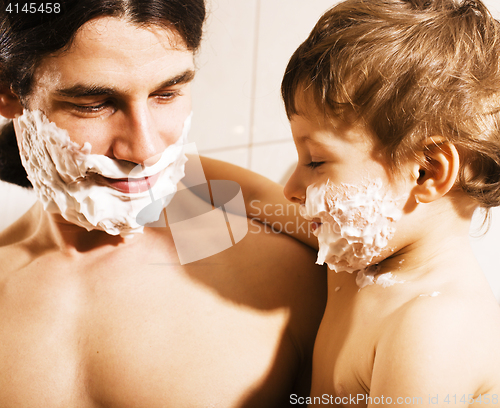 Image of Portrait of son and father enjoying while shaving together, lifestyle people concept, happy family