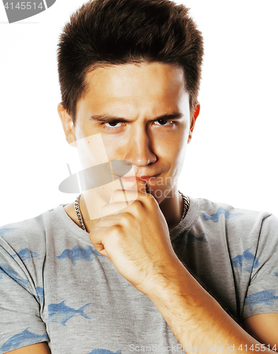 Image of young handsome brunete man emotional posing on white background 