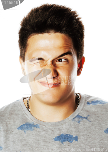 Image of young handsome brunete man emotional posing on white background 