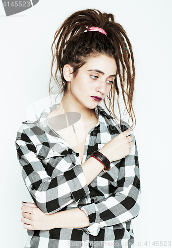 Image of real caucasian woman with dreadlocks hairstyle funny cheerful fa