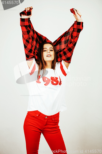 Image of young pretty stylish hipster girl posing emotional isolated on white background happy smiling cool smile, lifestyle people concept