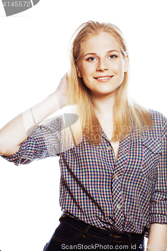 Image of young pretty stylish hipster teen girl posing emotional isolated on white background happy smiling cool smile, lifestyle people concept