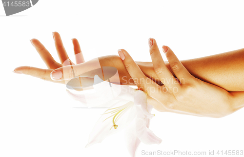 Image of beauty delicate hands with manicure holding flower lily close up