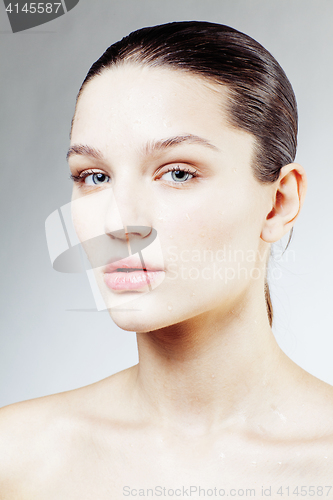 Image of young sweet brunette woman close up isolated on white background, perfect pure innocense freshness face, spa healthcare people concept