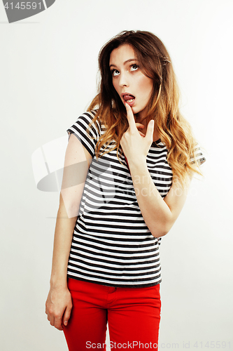 Image of young pretty stylish hipster girl posing emotional isolated on white background happy smiling cool smile, lifestyle people concept