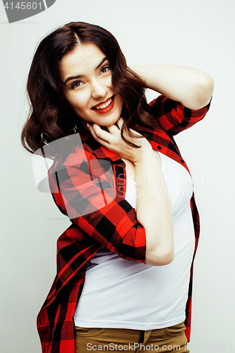 Image of young pretty stylish hipster girl posing emotional isolated on white background happy smiling cool smile, lifestyle people concept