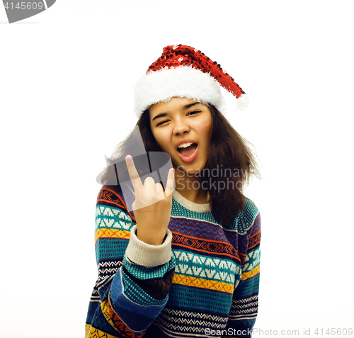 Image of cute young real african hipster girl in santas red hat isolated 