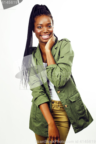 Image of young pretty african-american girl posing cheerful emotional on white background isolated, lifestyle people concept