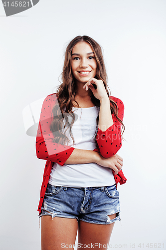 Image of young pretty stylish hipster girl posing emotional isolated on white background happy smiling cool smile, lifestyle people concept