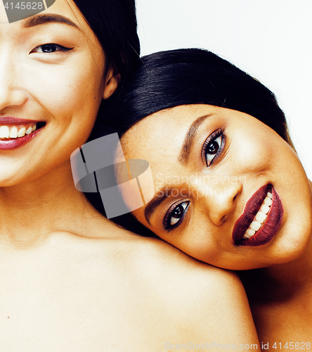 Image of different nation woman: asian, african-american together isolated on white background happy smiling, diverse type on skin, lifestyle people concept