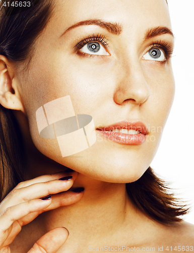 Image of young sweet brunette woman close up isolated on white background