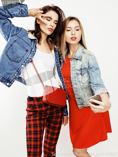 Image of best friends teenage girls together having fun, posing emotional on white background, besties happy smiling, lifestyle people concept