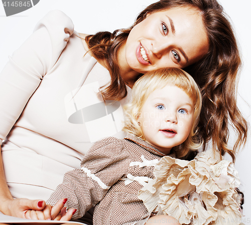 Image of pretty real fashion mother with cute blond little daughter close up happy smiling, lifestyle people concept