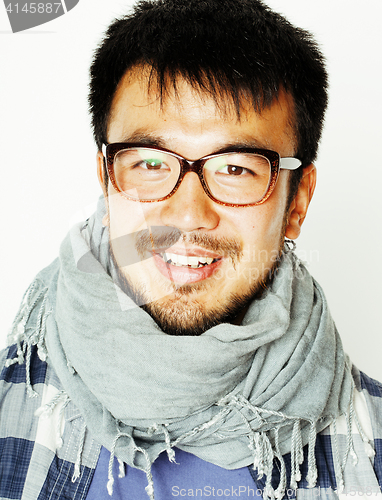 Image of young handsome asian man hipster in glasses on white background, lifestyle people concept