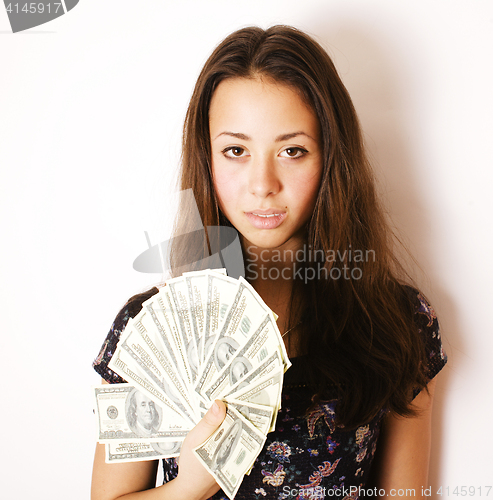 Image of pretty young brunette real modern woman with money cash isolated on white background happy smiling, lifestyle people concept