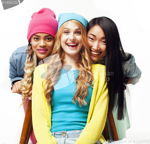 Image of diverse nation girls group, teenage friends company cheerful having fun, happy smiling, cute posing isolated on white background, lifestyle people concept