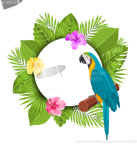 Image of Beautiful Card with Parrot Ara, Colorful Flowers Blossom