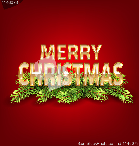 Image of Merry Christmas Background with Golden Text and Fir Branch