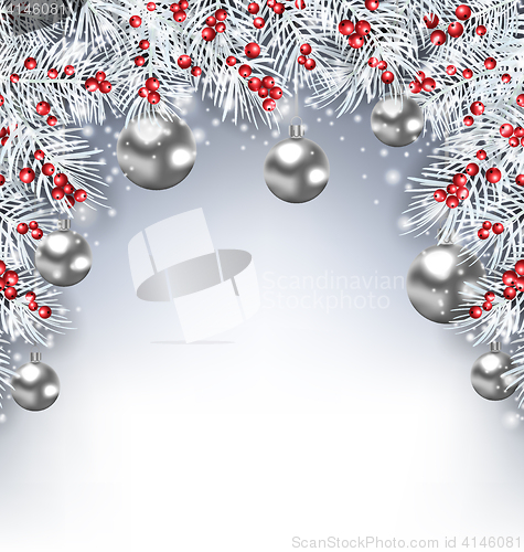 Image of Holiday Glowing Background with Silver Fir Branches