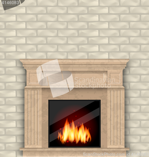 Image of Realistic Marble Fireplace with Fire in Interior, Brick Wall