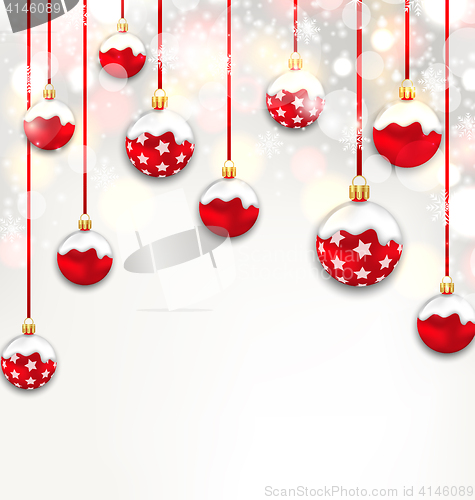 Image of Christmas Red Glassy Balls on Shimmering Light Background