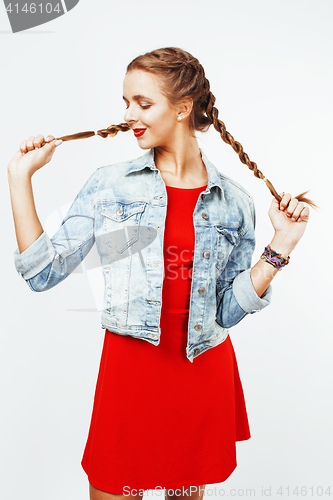 Image of young pretty stylish hipster blond girl with pigtails posing emotional isolated on white background happy smiling cool smile, lifestyle people concept