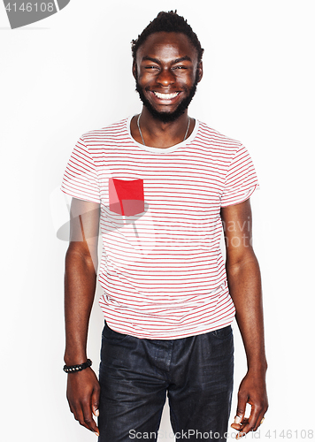 Image of young handsome african american boy smiling emotional isolated on white background, in motion gesturing smiling, lifestyle people concept