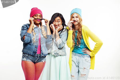 Image of diverse nation girls group, teenage friends company cheerful having fun, happy smiling, cute posing isolated on white background, lifestyle people concept