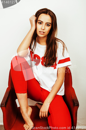 Image of young pretty stylish hipster girl posing emotional isolated on white background happy smiling cool smile, lifestyle people concept