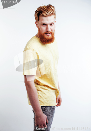 Image of young handsome hipster ginger bearded guy looking brutal isolated on white background, lifestyle people concept