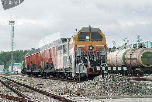 Image of Snow removal train locomotive on depot railway