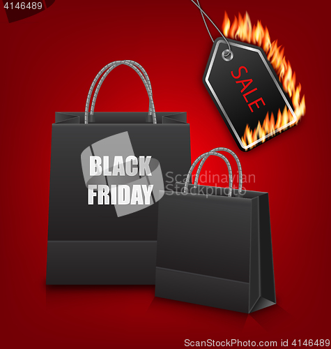 Image of Shopping Paper Bags for Black Friday Sales and Discount with Fire