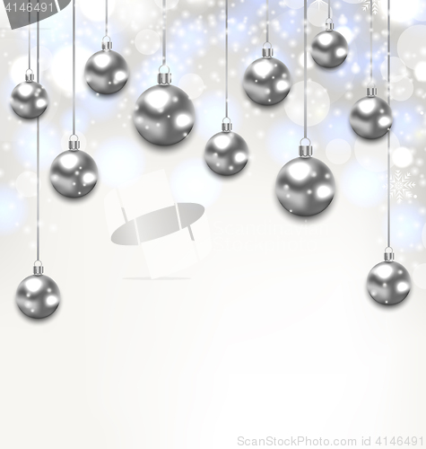 Image of Christmas Silver Glassy Balls on Magic Light Background